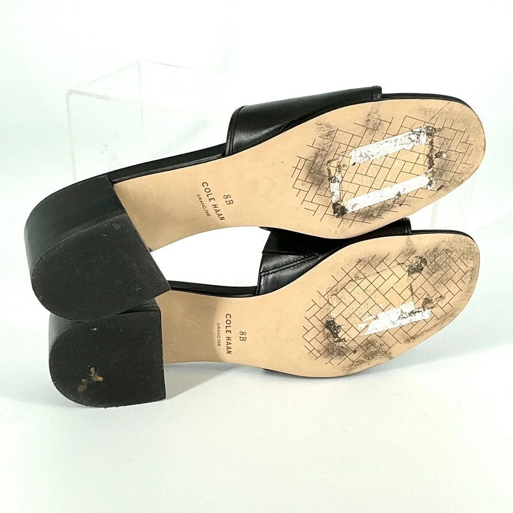 Cole Haan Grand 360 Size 8 Black‎ Leather Knot Slide Sandals Block Heel Womens